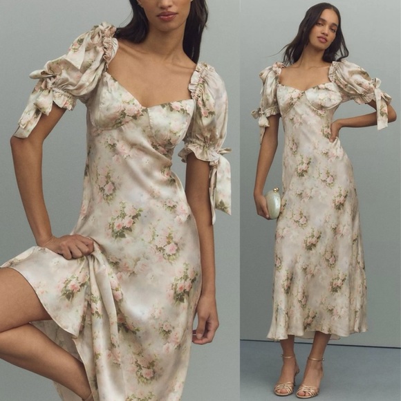 Selkie Dresses & Skirts - 💕Selkie🐱The Poet Pink Puff Sleeve 100% Silk Charmeuse Cat Print Maxi Dress